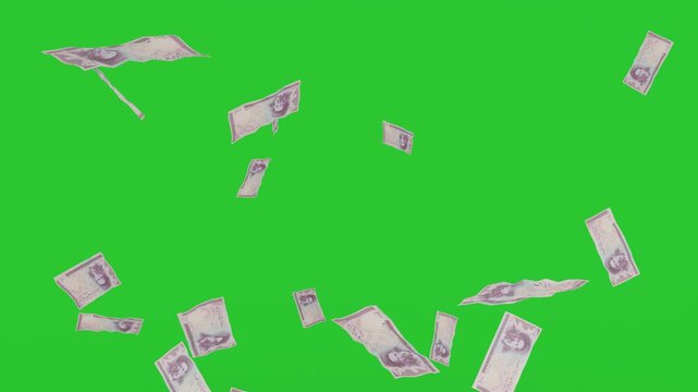 Money rain 100 rial iran banknotes money falling down. IRAN currency. 3D render. Animation. paper money bills falling. Business and finance
