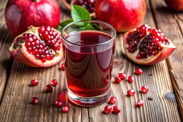 A glass of red juice is on a table with a bowl of pomegranates