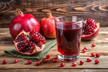 A glass of red juice is on a table with a bowl of pomegranates