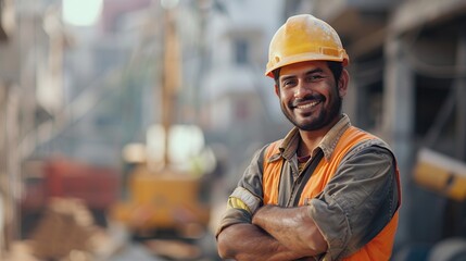 Portrait of a smiling construction worker wearing a yellow hard hat and orange safety vest, with a blurred background of a construction site.