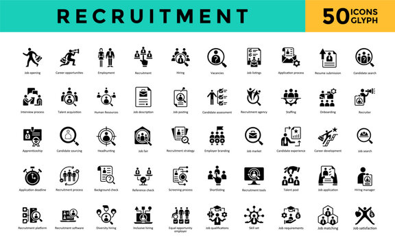 Recruitment icon set with job opening, career opportunities, employment, recruitment, hiring, vacancies, job listings, application process, resume submission, candidate icon. Simple glyph vector 
