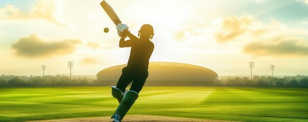 A cricketer hitting a ball on a field close up, focus on, copy space Green and expansive cricket ground Double exposure silhouette with stadium