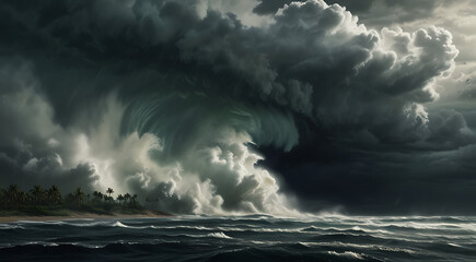 Obraz premium Illustration of a Hurricane Making Landfall with Wind and Rain Effects Spreading Over a Coastal Area, Featuring Ample Copy Space for Adding Text or Additional Information
