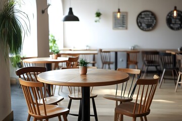 Interior design with wooden round table and chairs. Modern dining room with white wall. Cafe, bar or restaurant interior design.