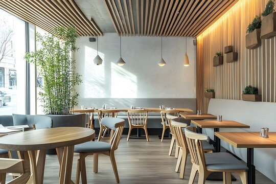 Interior design with wooden round table and chairs. Modern dining room with white wall. Cafe, bar or restaurant interior design. - Powered by Adobe