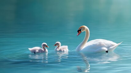 Obraz premium Family of swans swimming in a crystal-clear pond.