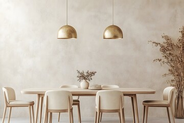 Minimalist interior design of modern dining room with brass pendant lights against beige stucco wall.