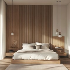 Scandinavian style interior design of modern bedroom. Wood bed with white bedding and bedside cabinets.