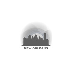 Fototapeta premium New Orleans skyline, downtown panorama logo, logotype. USA, Louisiana state badge contour, isolated vector pictogram with city hall, monuments, landmarks, skyscrapers at sunrise, sunset