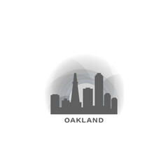 Fototapeta premium Oakland skyline, downtown panorama logo, logotype. USA, California state city badge contour, isolated vector pictogram with castle, monuments, landmarks, skyscrapers at sunrise, sunset