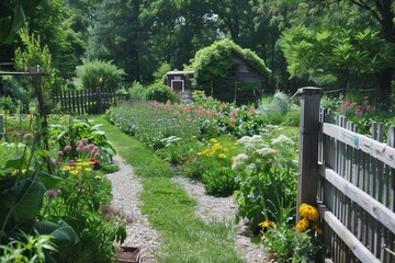 Lush Garden Pathway Leading to a Quaint Cottage Surrounded by Vibrant Flowers and Greenery