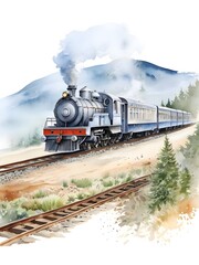 Naklejka premium Train Watercolor Landscape Nature Art