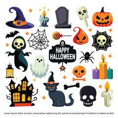 Happy halloween elements set isolated on white background. vector illustration.