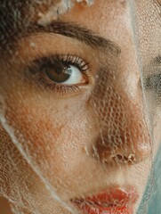 Fototapeta premium Close-Up of a Woman's Face Wrapped in Delicate Fabric in Natural Light
