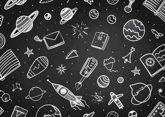 Chalkboard drawing of space doodles, planets, rockets, and stars.