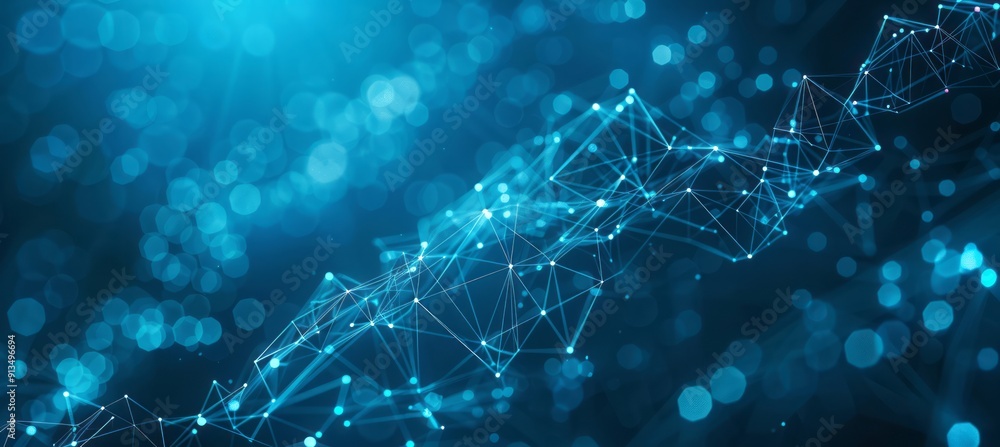 Poster glowing blue network of connected nodes and lines on a dark background