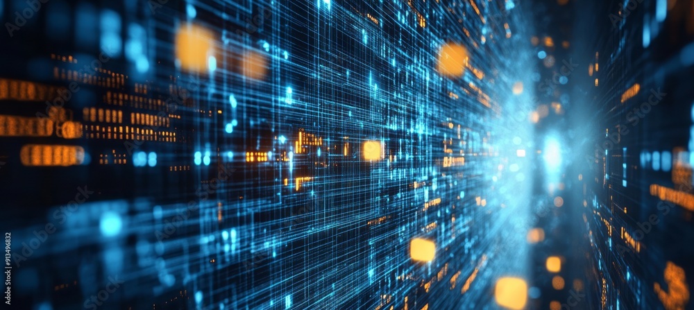 Poster dynamic flow of digital data through a vibrant network of blue light and shapes