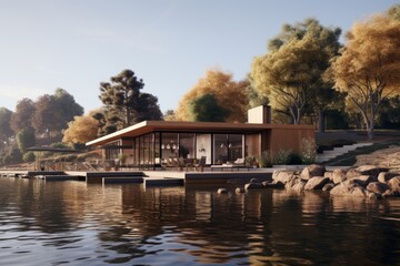 Obraz premium Tranquil view of the southern lake recreation center reflected in the calm waters