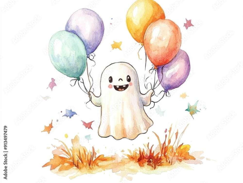 Poster friendly ghost character floating with colorful balloons in whimsical watercolor and cheerful hallow
