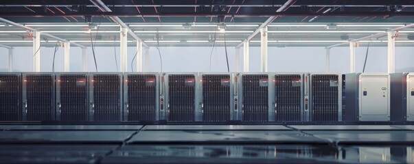 A battery storage facility featuring rows of power cells