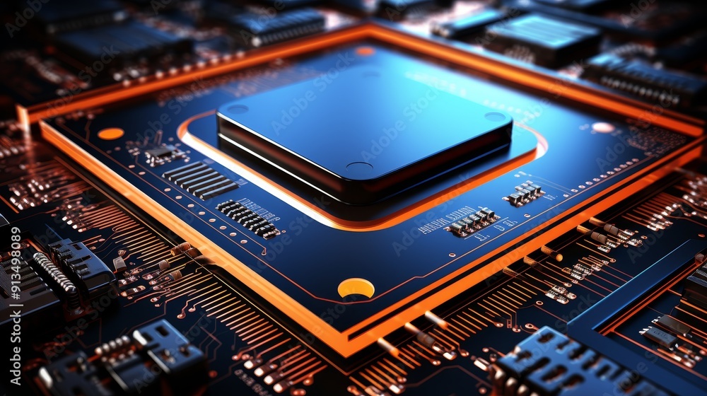 Aufkleber futuristic quantum computer circuit board with orange wave flow on dark blue background