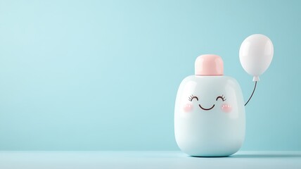 Obraz premium Shampoo bottle personified as friendly character holding hair strand like balloon string.