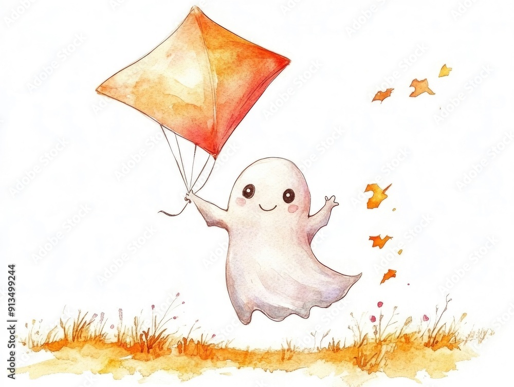Poster whimsical watercolor of a playful ghost character happily floating and flying a colorful kite agains