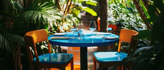 Stylish blue and orange table amidst lush greenery, portraying a chic yet natural dining experience