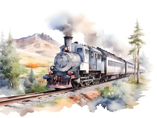 Train Watercolor Landscape Nature Art