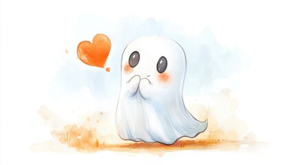 Obraz premium Cute and friendly Halloween ghost character blowing kisses in a whimsical watercolor Isolated on a white background this spooky yet affectionate spirit is perfect for Halloween designs