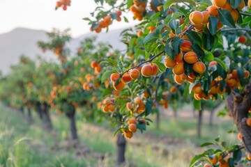 Apricot Trees: Ripe Apricots on Farm Branches in Agricultural Countryside Setting