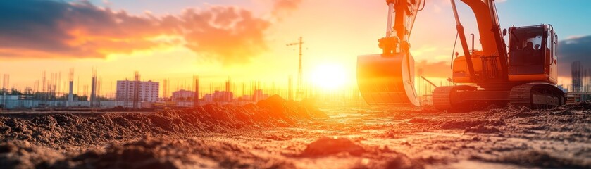 Construction Site with Excavator at Sunset