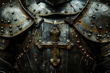 A knight's armor is covered in gold and silver studs