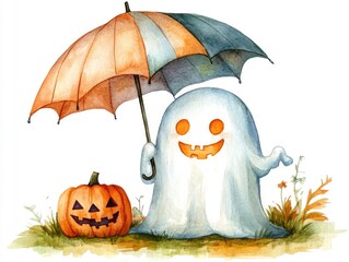 Friendly and Protective Ghost Character with Umbrella Watercolor of a Happy and Whimsical Halloween Apparition Isolated on White Background