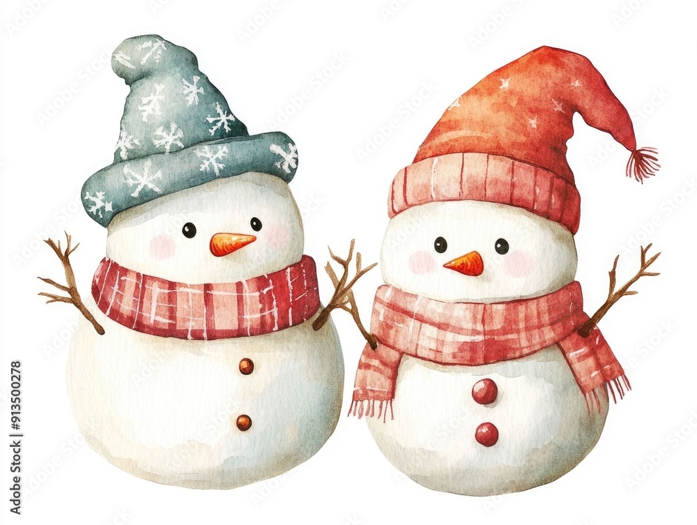 Poster friendly and playful ghost character with a snowman image in a watercolor style depicting a happy wh