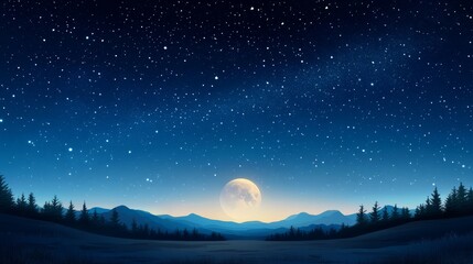 Starry Night with Full Moon Over Mountain Landscape
