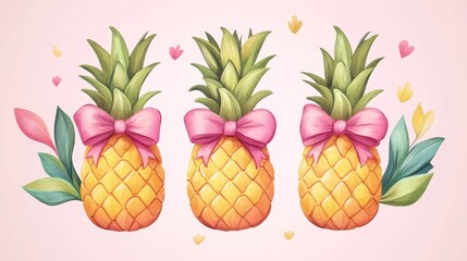 Three Pineapples with Pink Bows Illustration