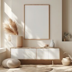 stylish white sideboard with wooden frame mock-up on the wall. great for presenting your artwork or photos in a chic home decor