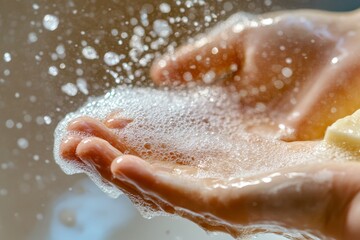 Fototapeta premium Macro shot of a person washing hands with soap, a crucial practice to prevent H1N1 infection. High-resolution, detailed textures, crisp focus