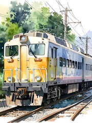 Fototapeta premium Train Watercolor Landscape Nature Art