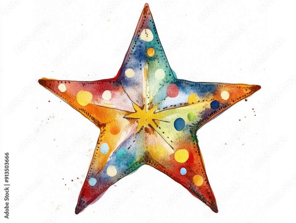 Poster whimsical and cheerful watercolor of a playful star with polka dots in vibrant colors isolated on a 