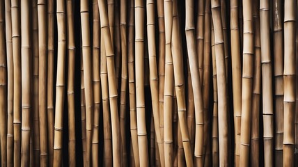 Fototapeta premium Brown bamboo fence. Close up decorative old bamboo wood of fence wall background