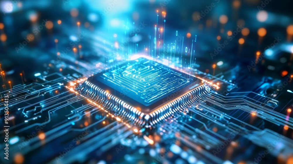Poster high-tech microchip with futuristic digital elements