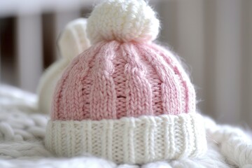 Baby Hats. Knitted Wool Hats for Babies in White and Pink for Winter
