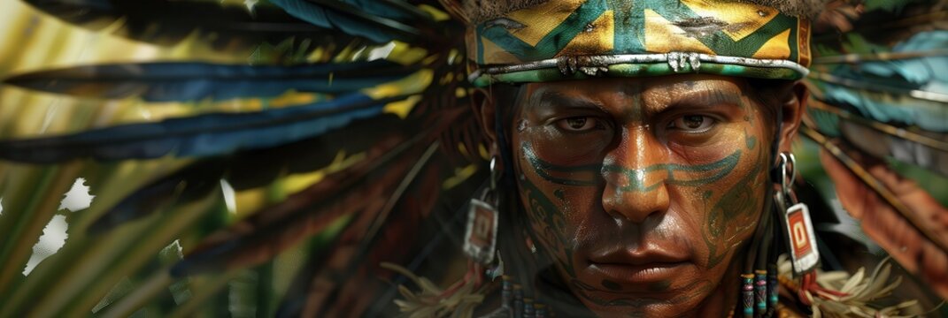 Aztecs. Maya Prince Ruler Portrait in Traditional Attire - 3D Render Depiction