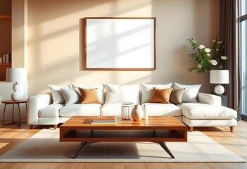 A modern living room with with poster frame a white sectional sofa, a wooden coffee table, and a blank framed wall art on the peach-colored wall