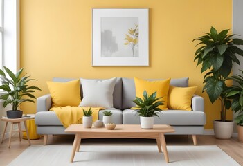 Fototapeta premium A modern living room with a gray sofa, yellow and white throw pillows, a wooden coffee table, and a potted plant.