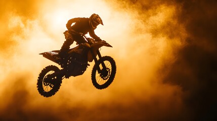 Naklejka premium Silhouette of a Motocross Rider Jumping Through Smoke.