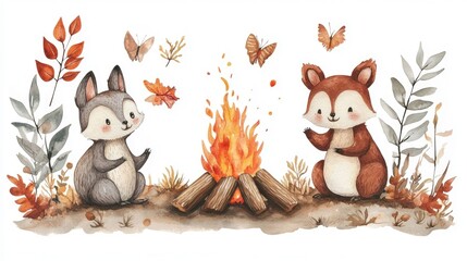 Whimsical watercolor depicting a cozy camping scene with a crackling campfire surrounded by playful forest animals in a serene woodland setting under a starry night sky