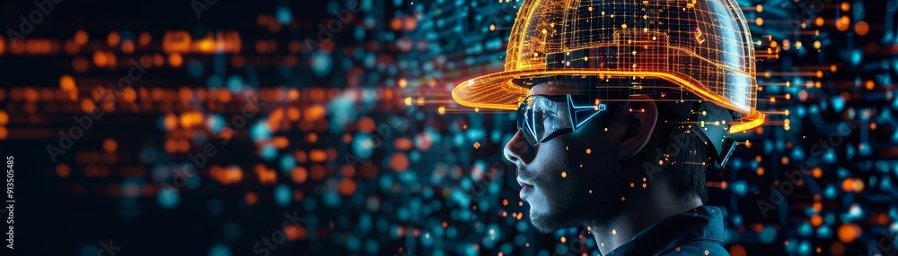Poster digital transformation in construction engineering: engineer with helmet and digital blueprints, sid